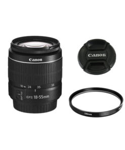 لنز دوربین کانن مدل لنز کانن EF-S 18-55mm f/3.5-5.6 III به همراه فیلتر یو وی 58 کانن و درب 58 کانن