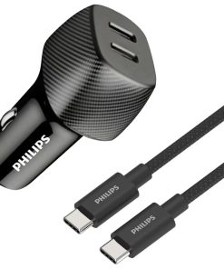 شارژر فندکی 30 وات 2 پورت فیلیپس مدل DLP5522C به همراه کابل تبدیل USB-C